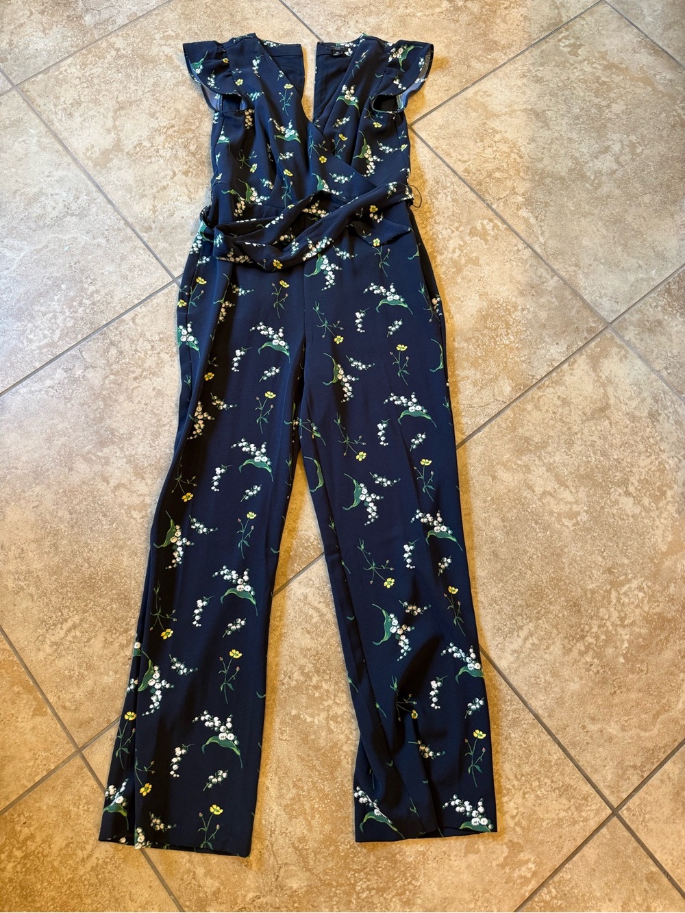 Ann Taylor Navy Floral Wrap-Front Jumpsuit with Ruffle Caps